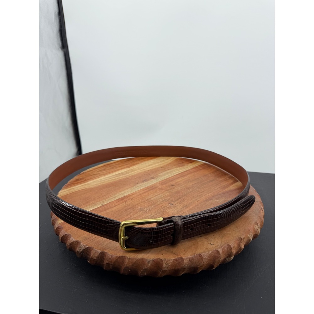 Roundtree & Yorke Italian Calfskin Belt Mens 44 Brown Lizard Embossed Brass
